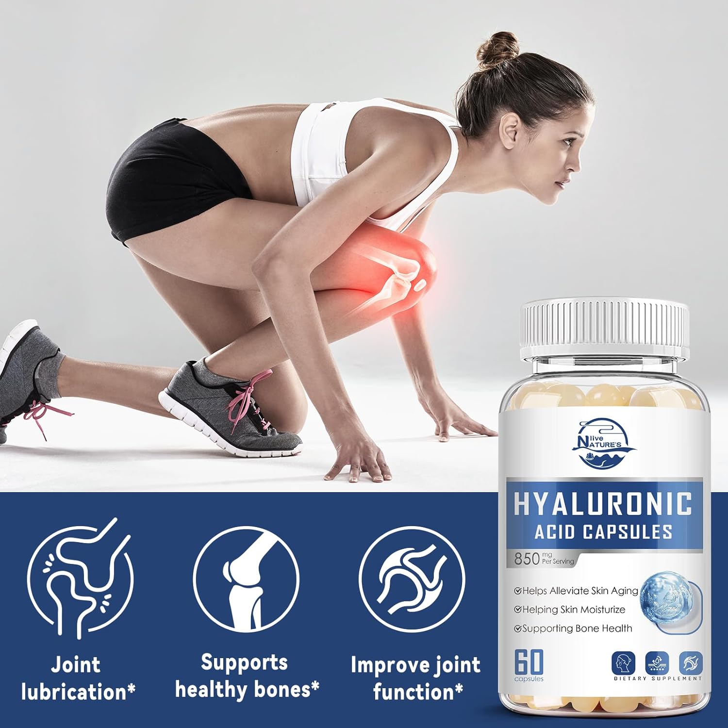 High Strength Hyaluronic Acid Supplements for Joints, Skin, Hair & Nails - 850mg Double Bioavailability, 60 Softgels x 2 Pack