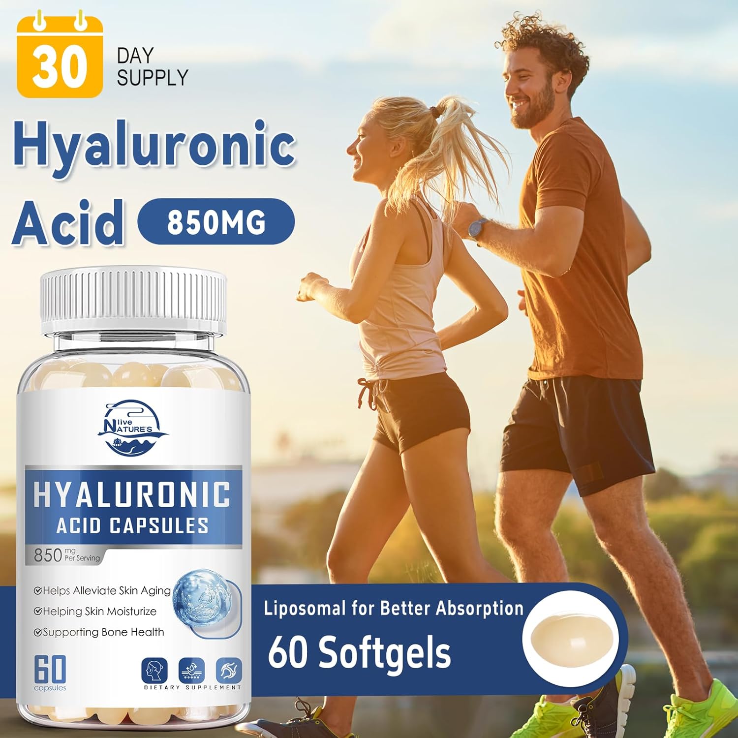 High Strength Hyaluronic Acid Supplements for Joints, Skin, Hair & Nails - 850mg Double Bioavailability, 60 Softgels x 2 Pack