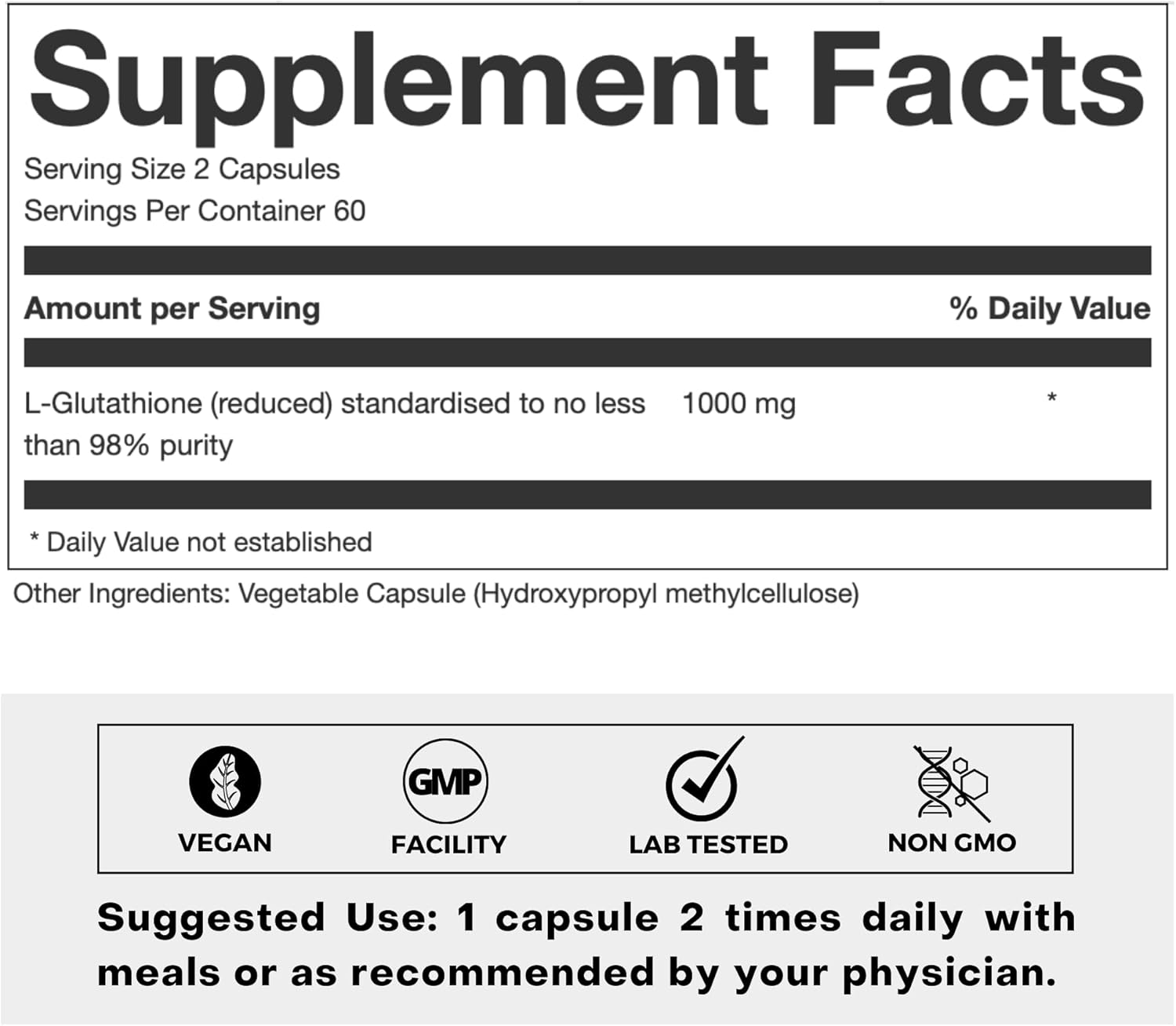 High Strength L-Glutathione 98% Supplement for Glowing Skin - Collagen Boost - 500mg Formula - 60 Capsules