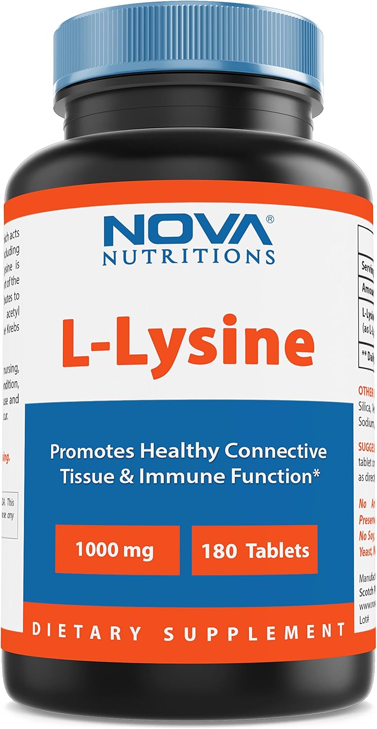 High Strength L-Lysine 1000mg Supplement - 180 Tablets by Nova Nutritions
