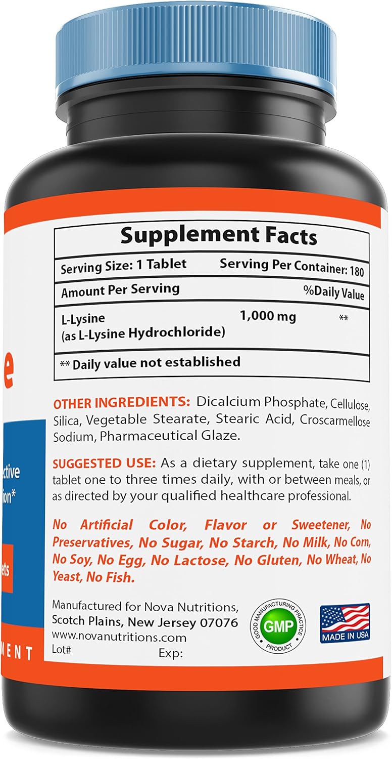 High Strength L-Lysine 1000mg Supplement - 180 Tablets by Nova Nutritions