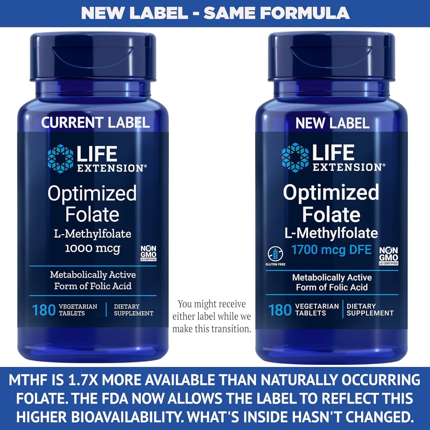 High Strength Life Extension Optimized Folate (L-Methylfolate) 1700 mcg DFE, 180 Vegetarian Tablets
