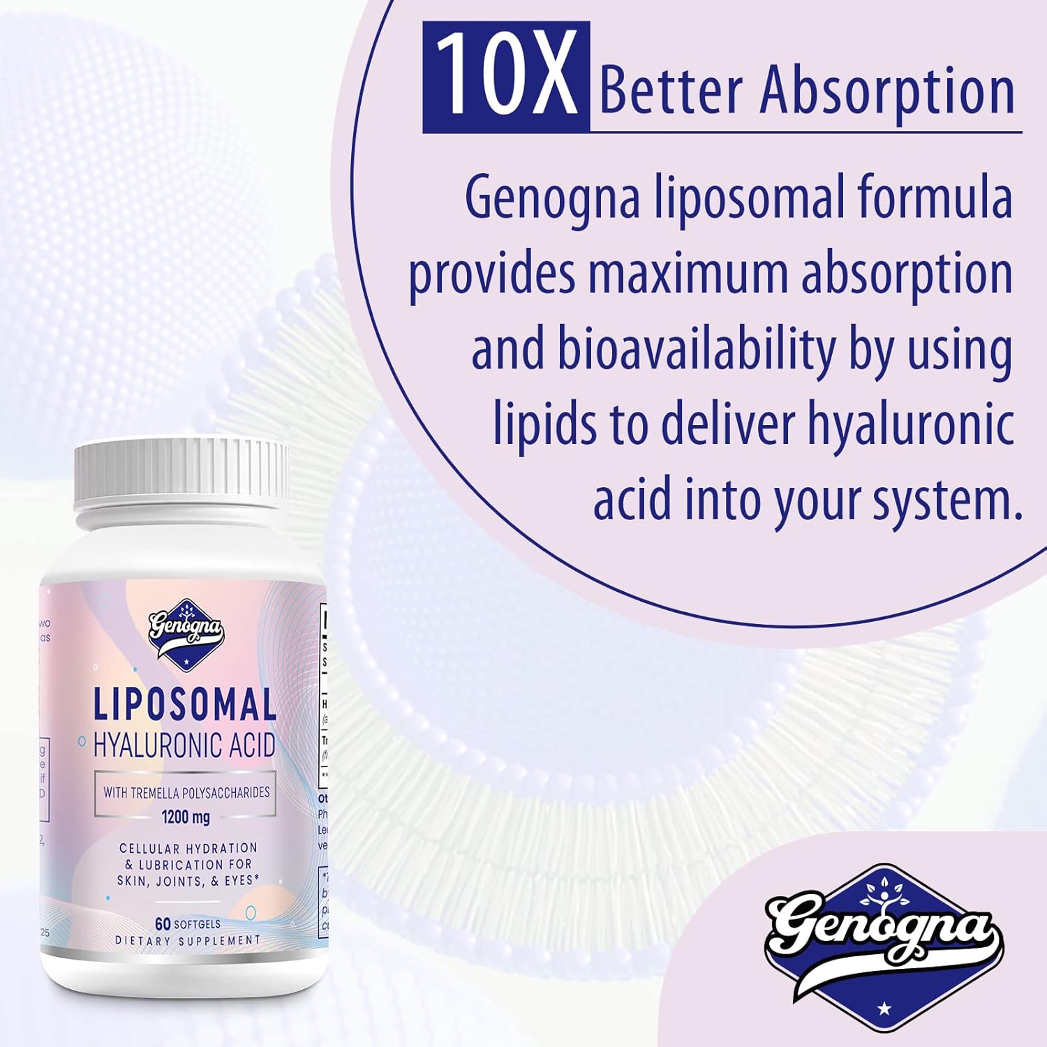High Strength Liposomal Hyaluronic Acid Capsules with Tremella Polysaccharides for Skin and Joint Health - 1000mg, 1 Pack