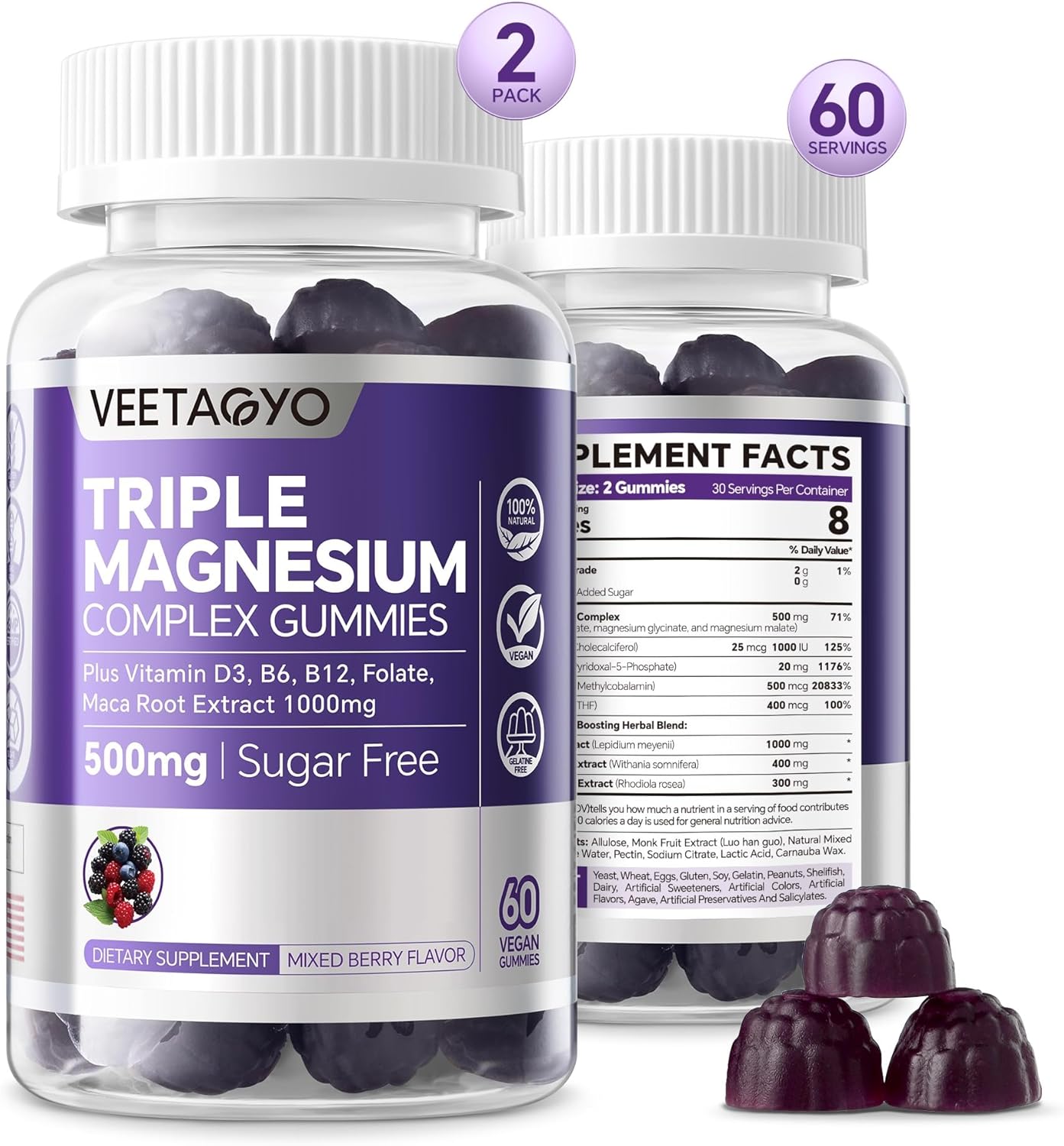 High Strength Magnesium Gummies with Methylated B Complex - 50 Gummies, 500mg Magnesium, 400mg B Complex