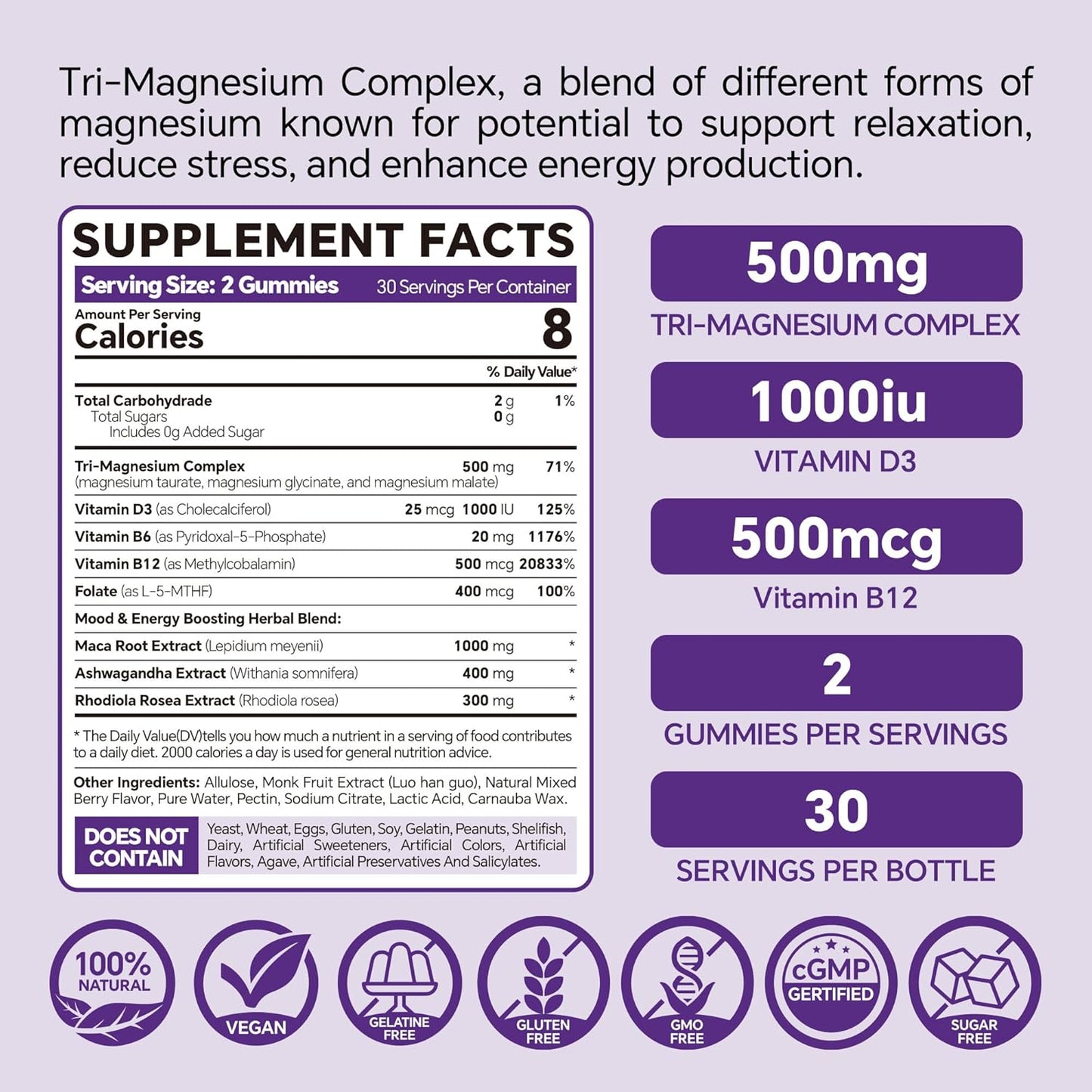 High Strength Magnesium Gummies with Methylated B Complex - 50 Gummies, 500mg Magnesium, 400mg B Complex