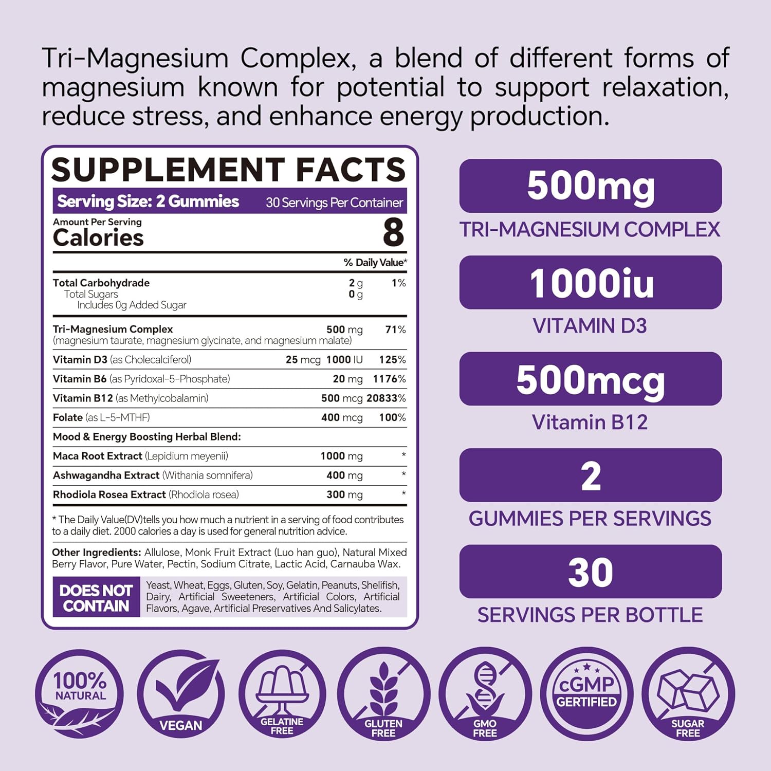 High Strength Magnesium Gummies with Methylated B Complex - 50 Gummies, 500mg Magnesium, 400mg B Complex