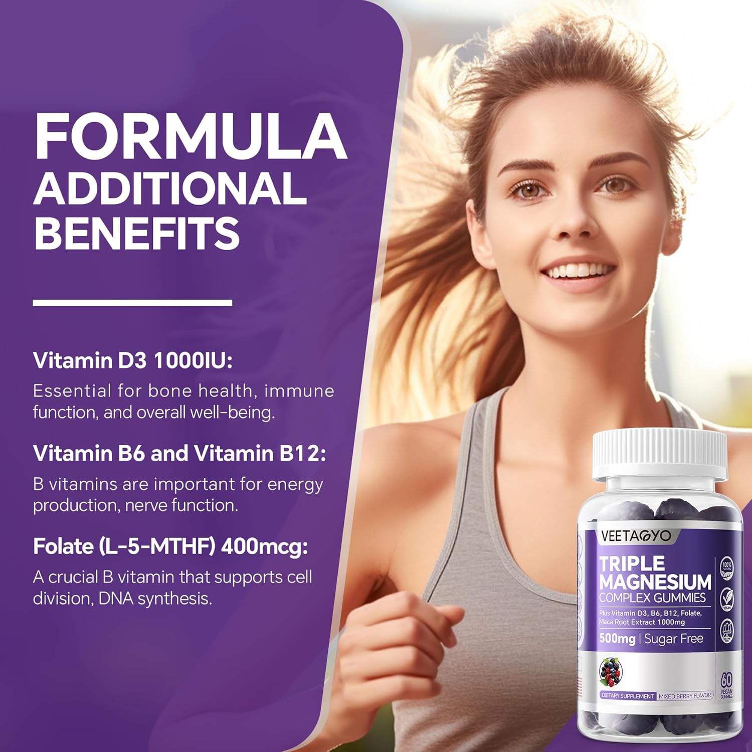High Strength Magnesium Gummies with Methylated B Complex - 50 Gummies, 500mg Magnesium, 400mg B Complex