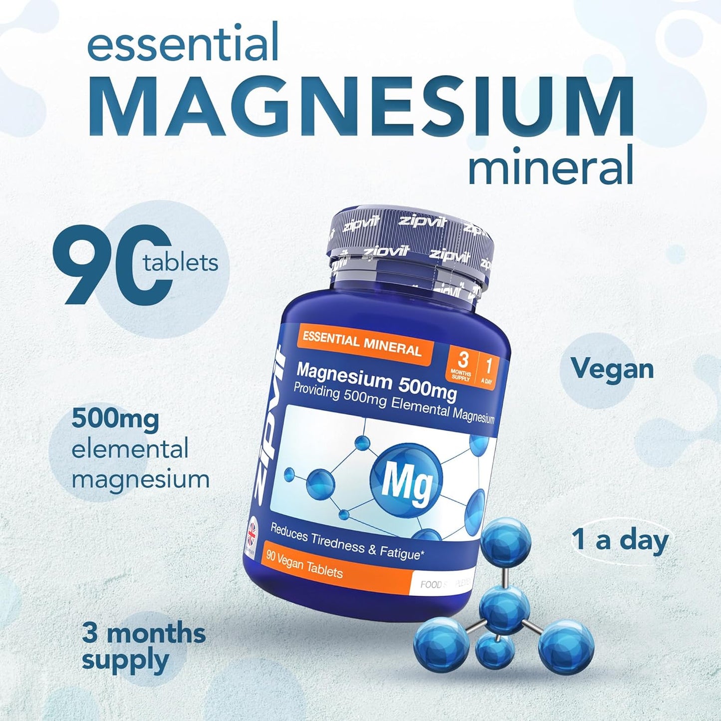 High Strength Magnesium Supplement | 90 Vegan Tablets | Supports Muscles & Bones | Vegan & Vegetarian | 3 Month Supply
