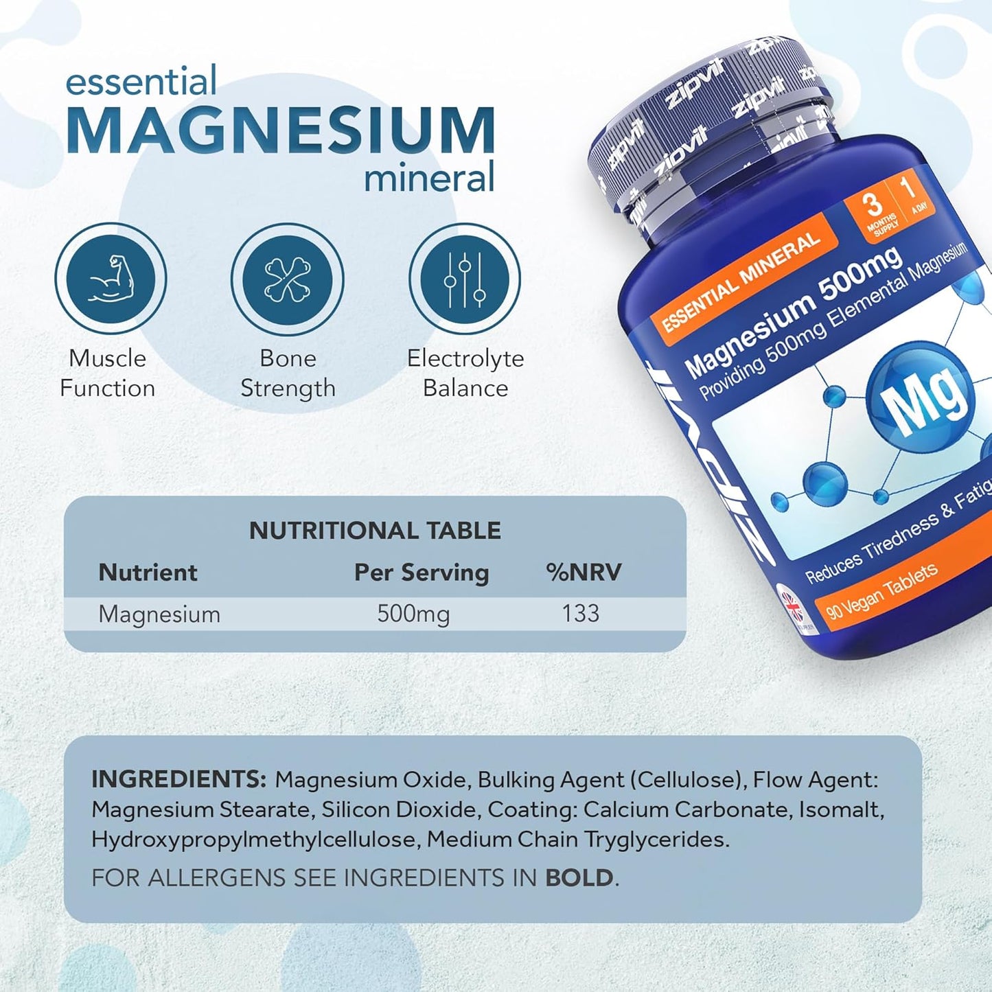 High Strength Magnesium Supplement | 90 Vegan Tablets | Supports Muscles & Bones | Vegan & Vegetarian | 3 Month Supply