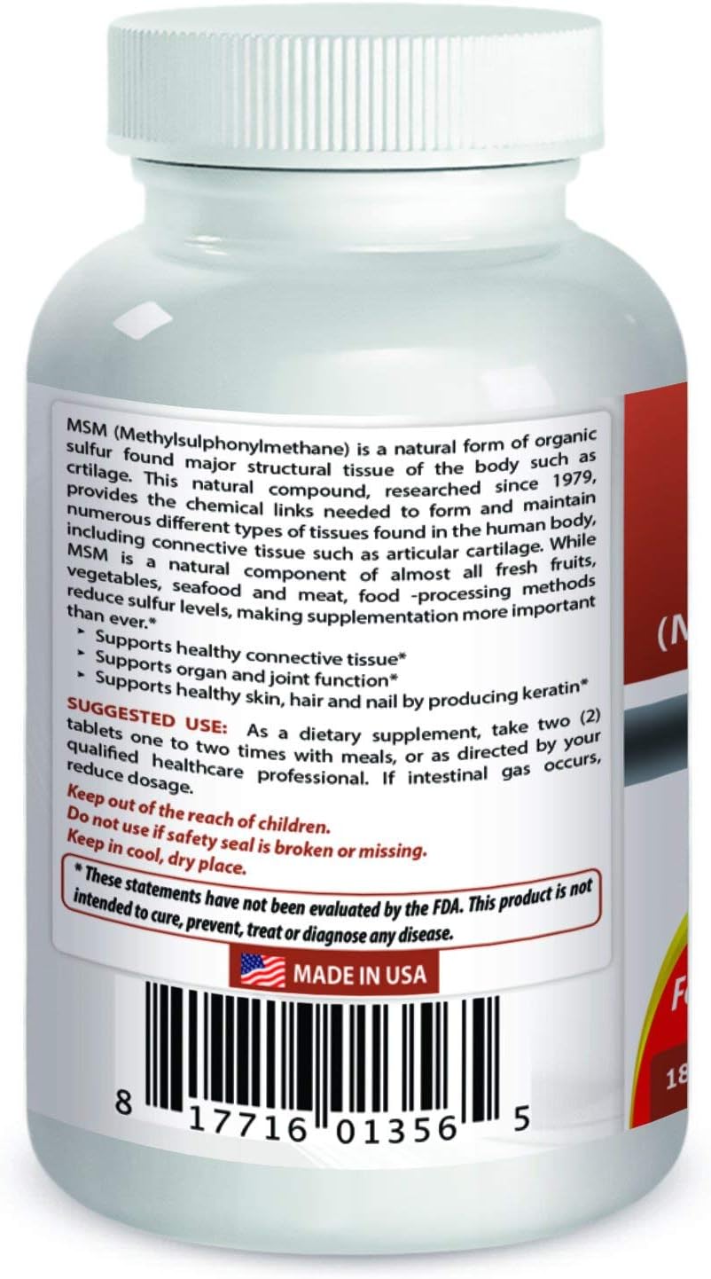 High Strength MSM Supplement 1500mg - 180 Tablets - Natural Joint Support and Pain Relief