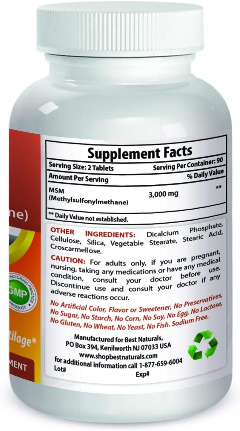 High Strength MSM Supplement 1500mg - 180 Tablets - Natural Joint Support and Pain Relief