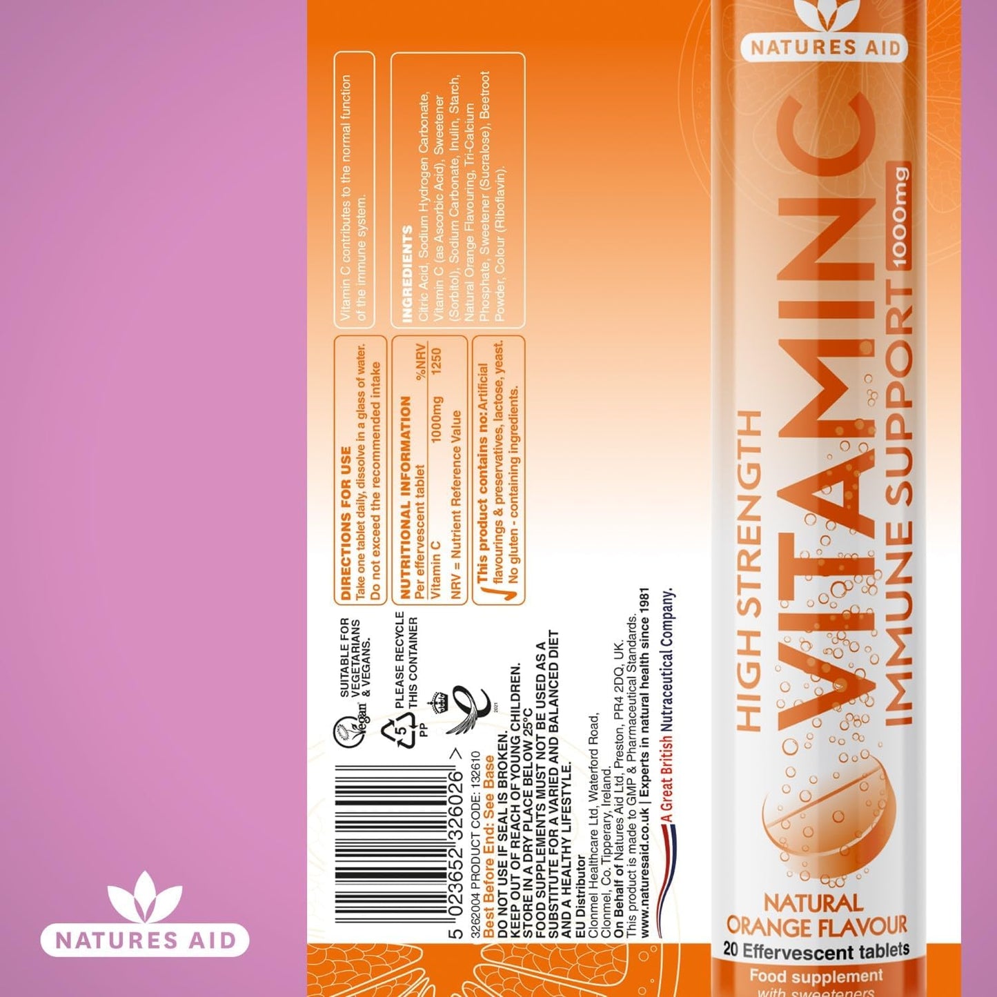 High Strength Natures Aid Vitamin C 1000MG Effervescent Tablets - 20 Count
