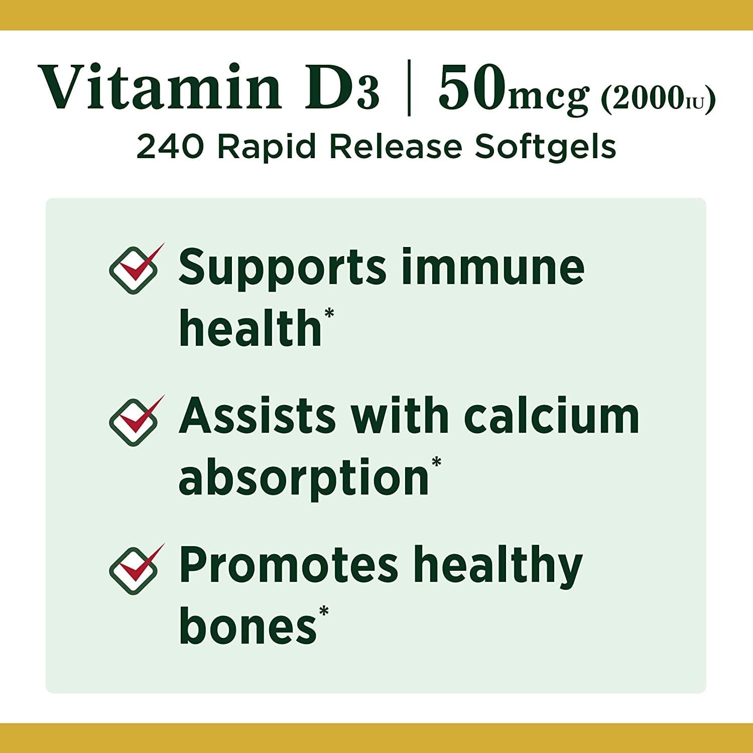 High Strength Nature's Bounty Vitamin D Softgels - 2,000 IU for Immune Support