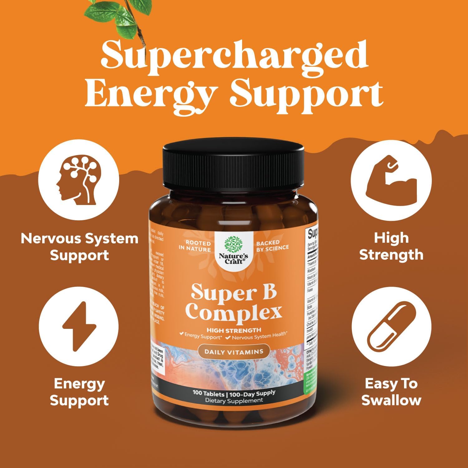 High Strength Natures Craft Vitamin B Complex Supplement - 100 Tablets for Men & Women - Supports Nervous System & Energy