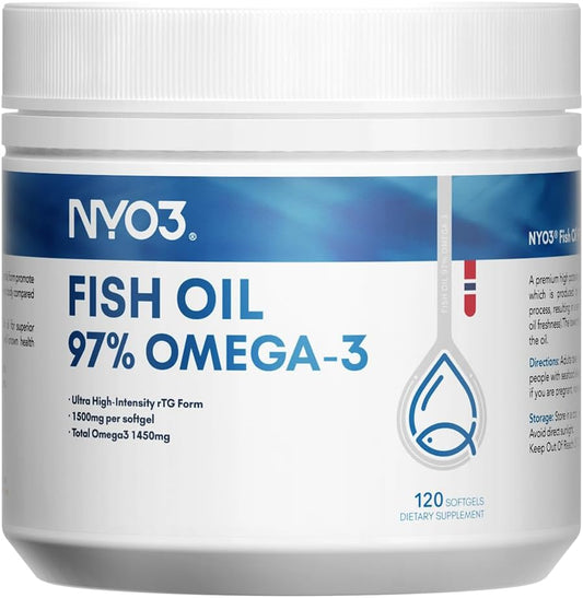 High Strength NYO3 Fish Oil Omega 3 Supplement with DHA & EPA for Heart, Brain, & Joint Health - 1500mg, 97% Omega 3, 120 Softgels