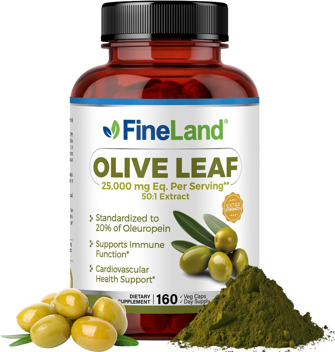 High Strength Olive Leaf Extract Capsules - 25,000mg Per Capsule, 20% Oleuropein, Antioxidant Support for Immune & Cardiovascular Health