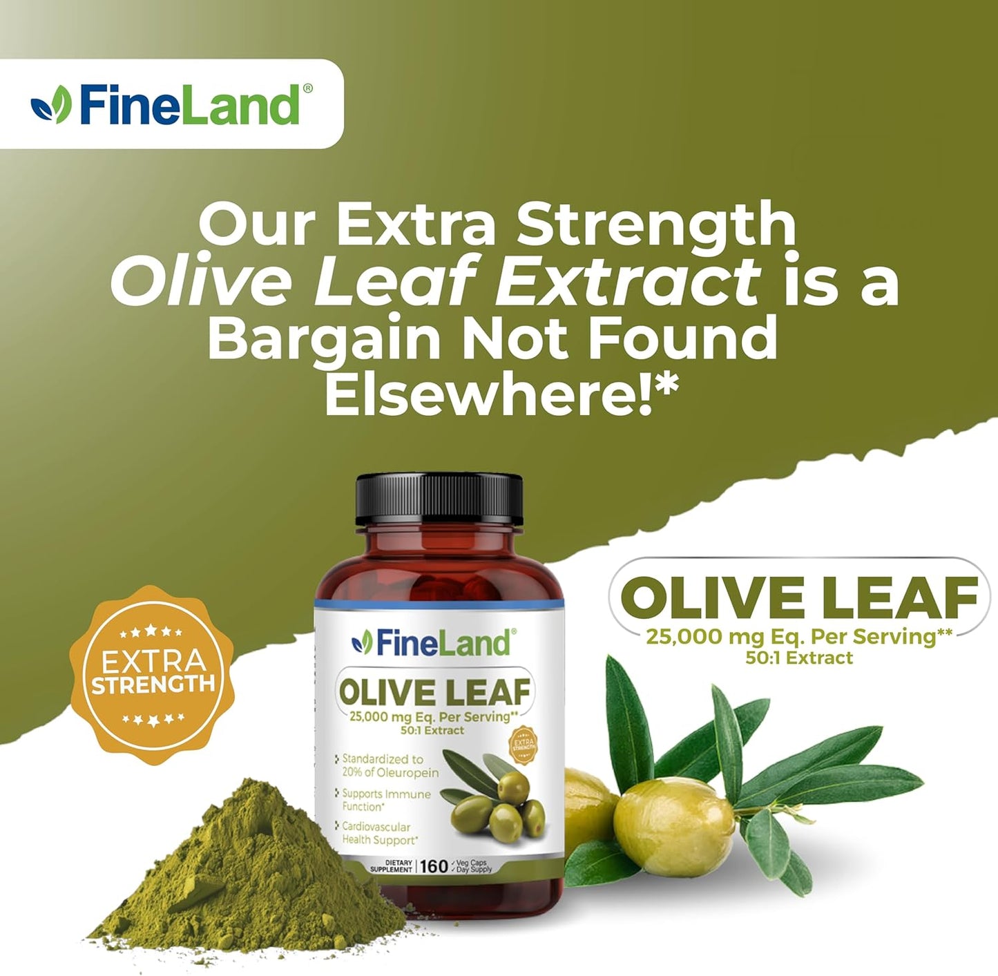 High Strength Olive Leaf Extract Capsules - 25,000mg Per Capsule, 20% Oleuropein, Antioxidant Support for Immune & Cardiovascular Health