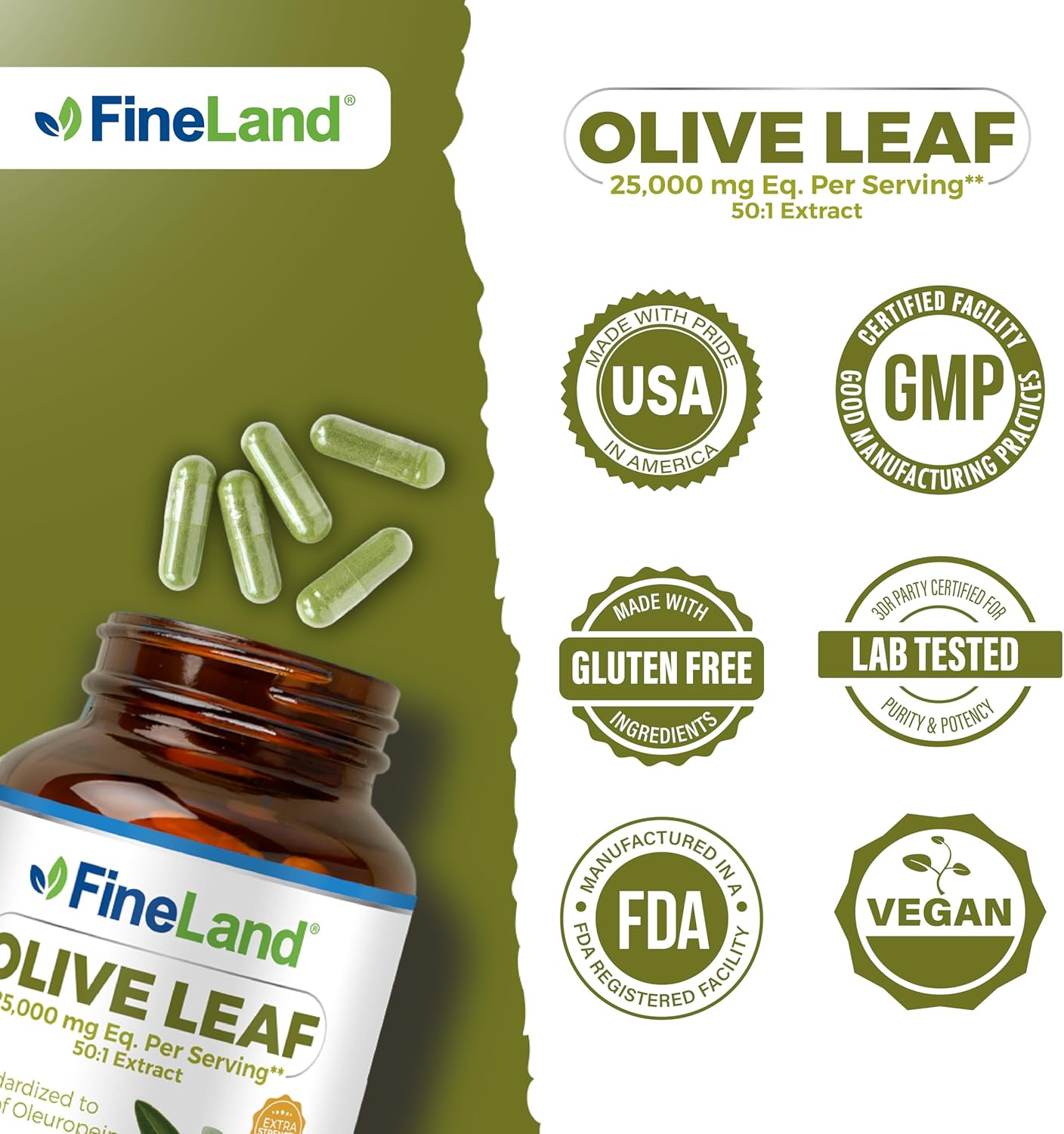 High Strength Olive Leaf Extract Capsules - 25,000mg Per Capsule, 20% Oleuropein, Antioxidant Support for Immune & Cardiovascular Health