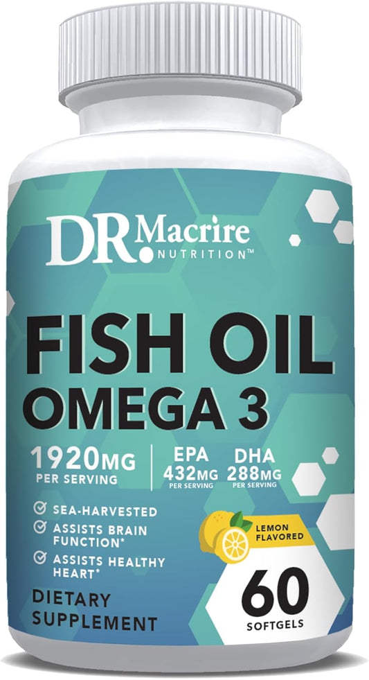 High Strength Omega-3 Fish Oil Supplement 1920mg Softgels - 432mg EPA, 288mg DHA - Lemon Flavored for Joint Support and Focus - Men and Women Omega 3 Dietary Supplement - Dr. Macrire Nutrition