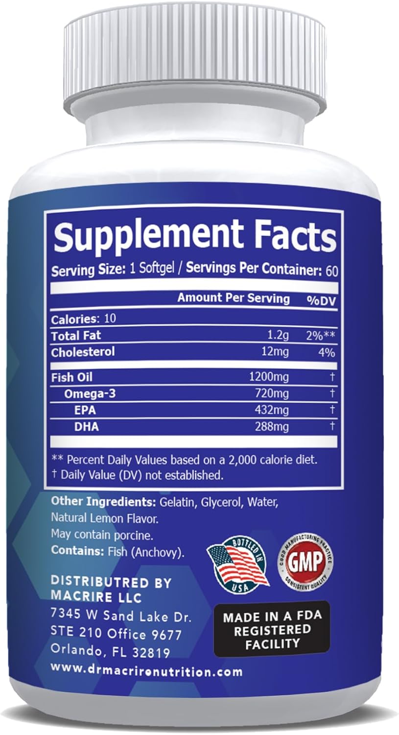 High Strength Omega-3 Fish Oil Supplement 1920mg Softgels - 432mg EPA, 288mg DHA - Lemon Flavored for Joint Support and Focus - Men and Women Omega 3 Dietary Supplement - Dr. Macrire Nutrition