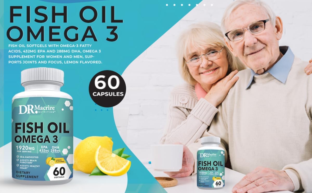 High Strength Omega-3 Fish Oil Supplement 1920mg Softgels - 432mg EPA, 288mg DHA - Lemon Flavored for Joint Support and Focus - Men and Women Omega 3 Dietary Supplement - Dr. Macrire Nutrition