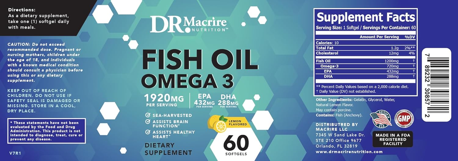 High Strength Omega-3 Fish Oil Supplement 1920mg Softgels - 432mg EPA, 288mg DHA - Lemon Flavored for Joint Support and Focus - Men and Women Omega 3 Dietary Supplement - Dr. Macrire Nutrition