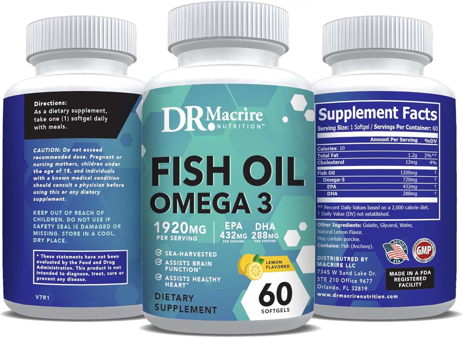 High Strength Omega-3 Fish Oil Supplement 1920mg Softgels - 432mg EPA, 288mg DHA - Lemon Flavored for Joint Support and Focus - Men and Women Omega 3 Dietary Supplement - Dr. Macrire Nutrition