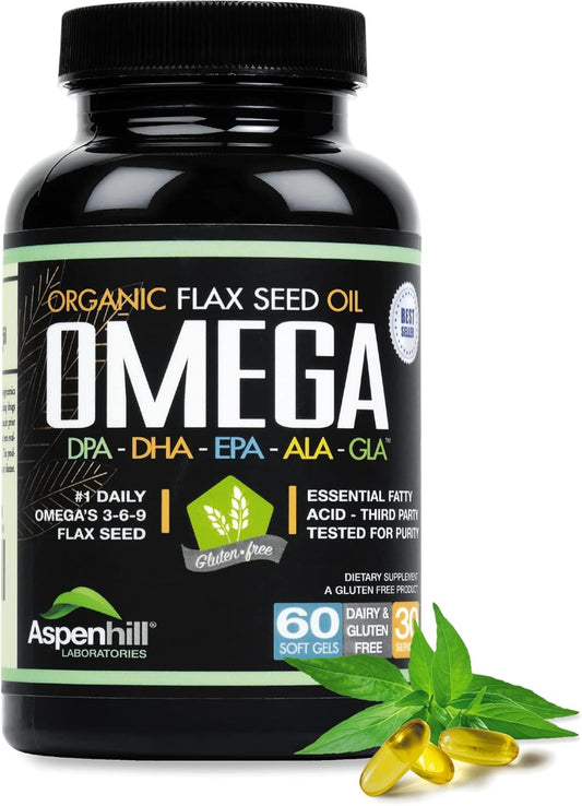 High Strength Omega 3 Super Blend Softgels with Flax Seed Oil - DPA, EPA, DHA, ALA, GLA - Fish, Borage, Organic - 2,400mg - Gluten Free, Made in USA - 60ct