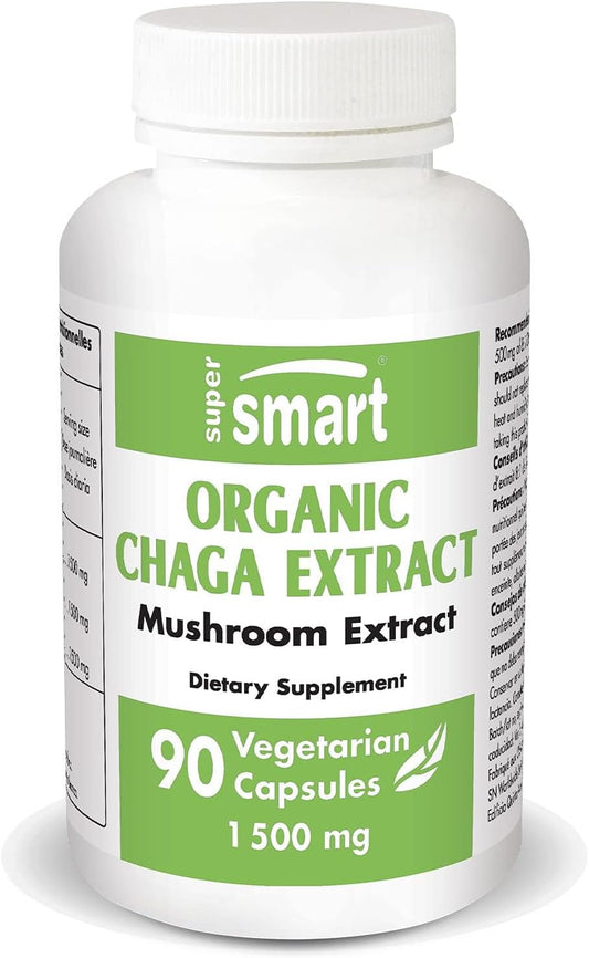 High Strength Organic Chaga Extract Capsules - 1500mg Daily Dose - Non-GMO, Gluten Free, 90 Vegetarian Capsules - Wild Harvested Mushrooms