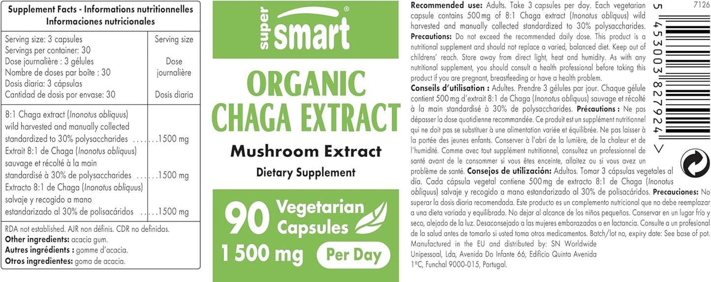 High Strength Organic Chaga Extract Capsules - 1500mg Daily Dose - Non-GMO, Gluten Free, 90 Vegetarian Capsules - Wild Harvested Mushrooms
