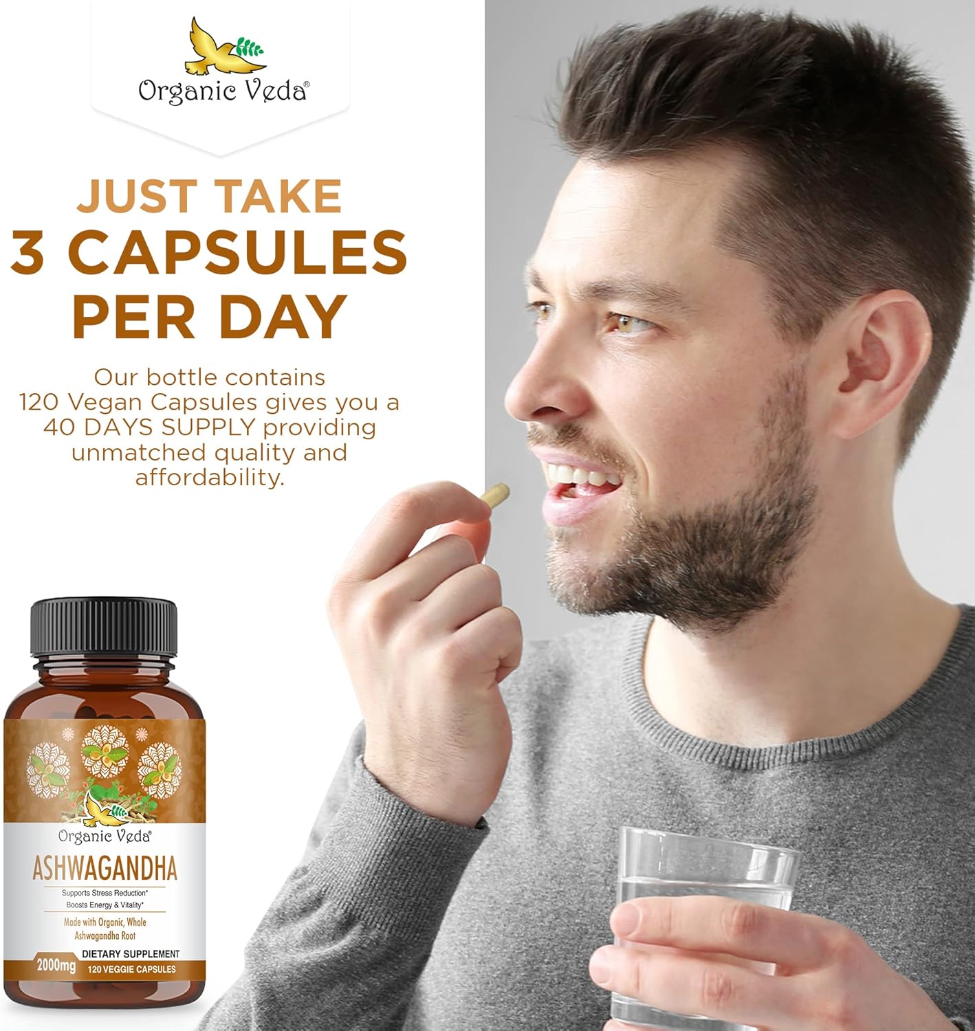 High Strength Organic Veda Ashwagandha Capsules with Black Pepper Extract - 100% Pure Root Supplement for Energy, Immunity, and Mood - Vegan - 120 Capsules