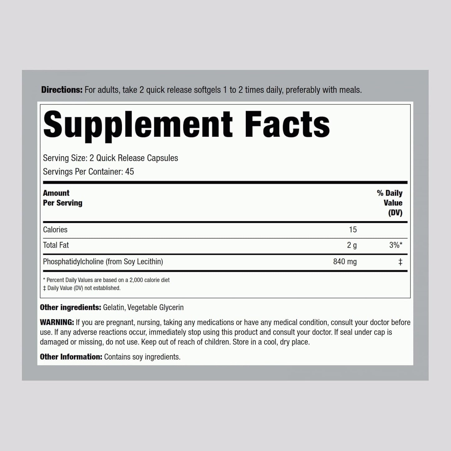 High Strength Phosphatidyl Choline Softgels 840mg - 90 Count - Non-GMO, Gluten Free - Soy Lecithin Source