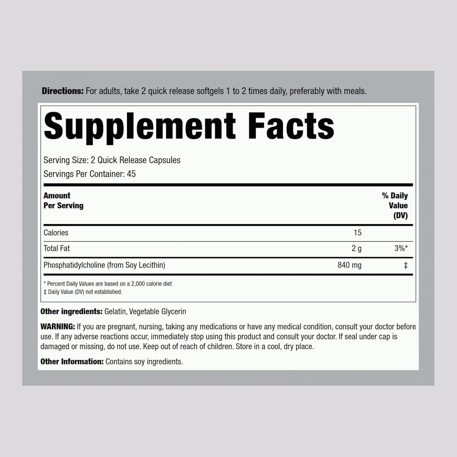 High Strength Phosphatidyl Choline Softgels 840mg - 90 Count - Non-GMO, Gluten Free - Soy Lecithin Source
