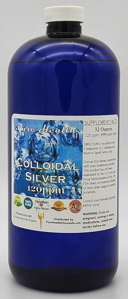 High Strength Pure Colloidal Silver 120ppm - 32 oz Bottle - Discounted Health Supplement