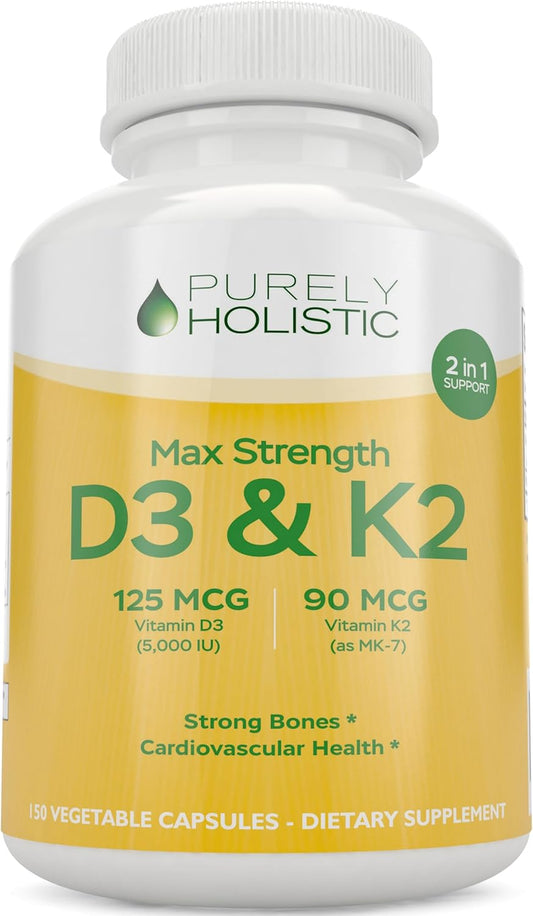 High Strength Purely Holistic Vitamin D3 and K2 Supplement - 4 Month Supply of 150 Vegetarian Capsules - Made in the USA - 125mcg D3 and 90mcg K2 MK7 - BoostGo Australia