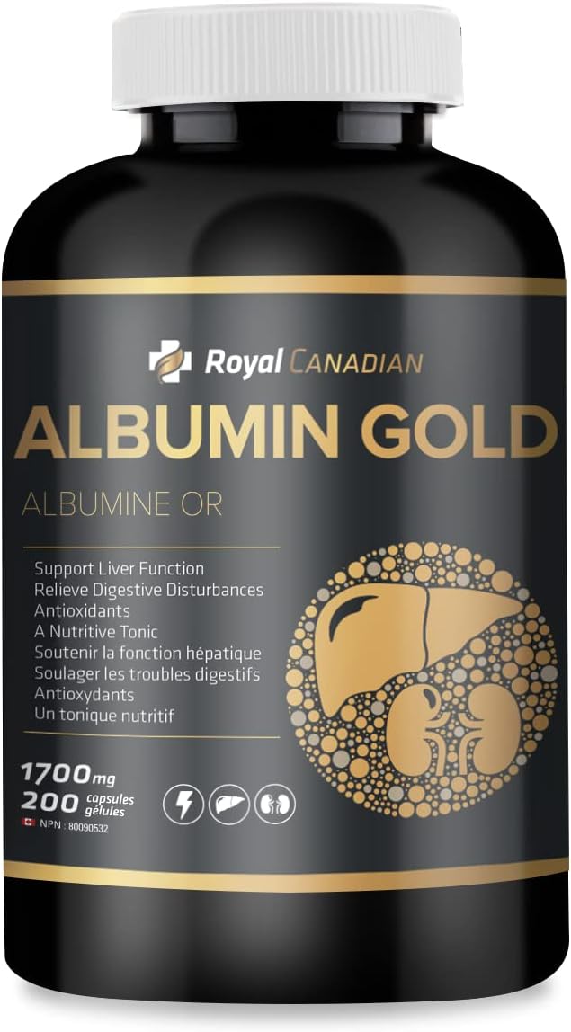 High Strength ROYAL CANADIAN Albumin Gold Capsules for Liver and Kidney Function, Fatigue Recovery, and Immune System Support (200 x 1700mg)