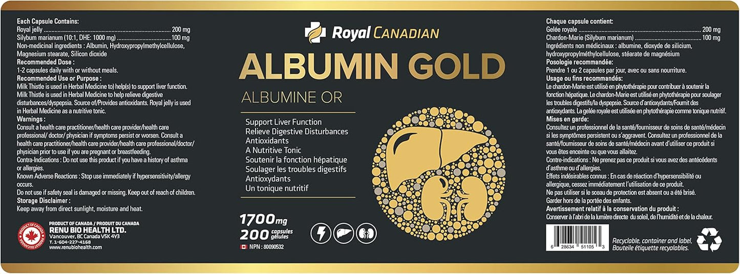 High Strength ROYAL CANADIAN Albumin Gold Capsules for Liver and Kidney Function, Fatigue Recovery, and Immune System Support (200 x 1700mg)