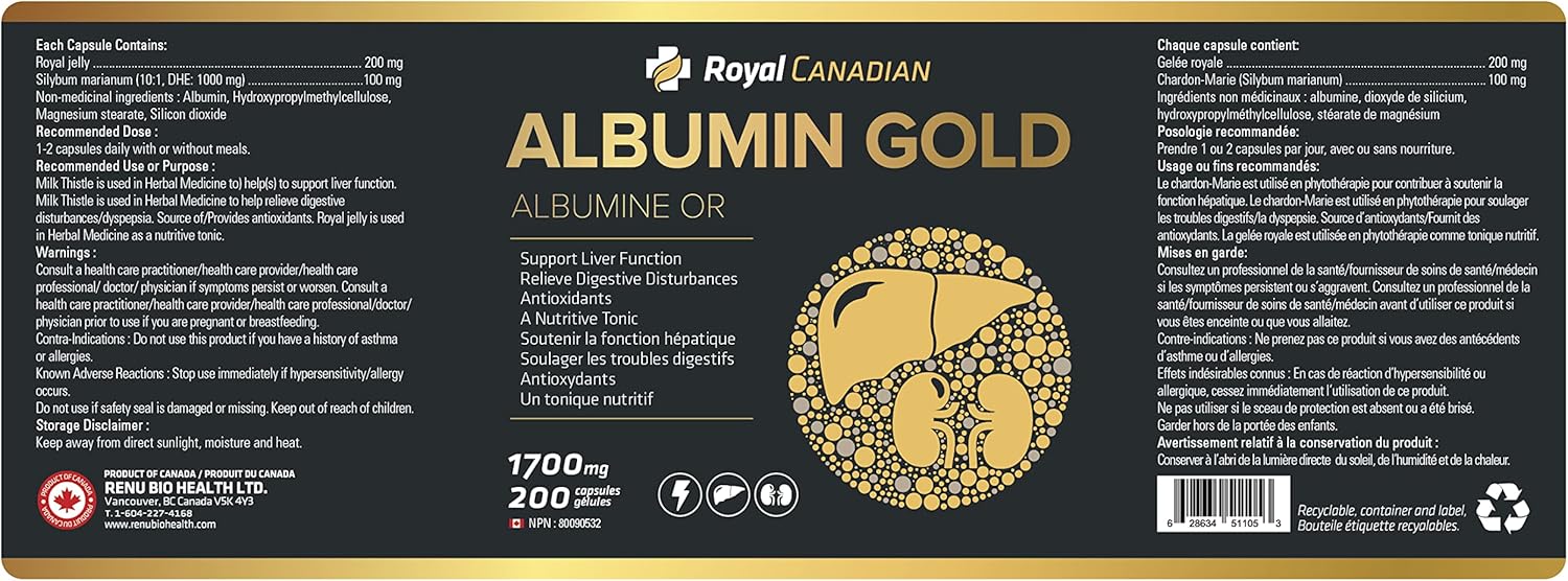 High Strength ROYAL CANADIAN Albumin Gold Capsules for Liver and Kidney Function, Fatigue Recovery, and Immune System Support (200 x 1700mg)