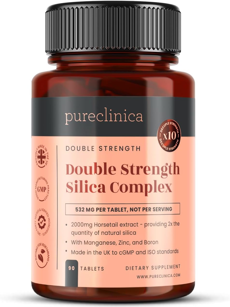 High Strength Silica Complex - 3 Month Supply (2000mg Horsetail Extract x 90 Tabs) by pureclinica