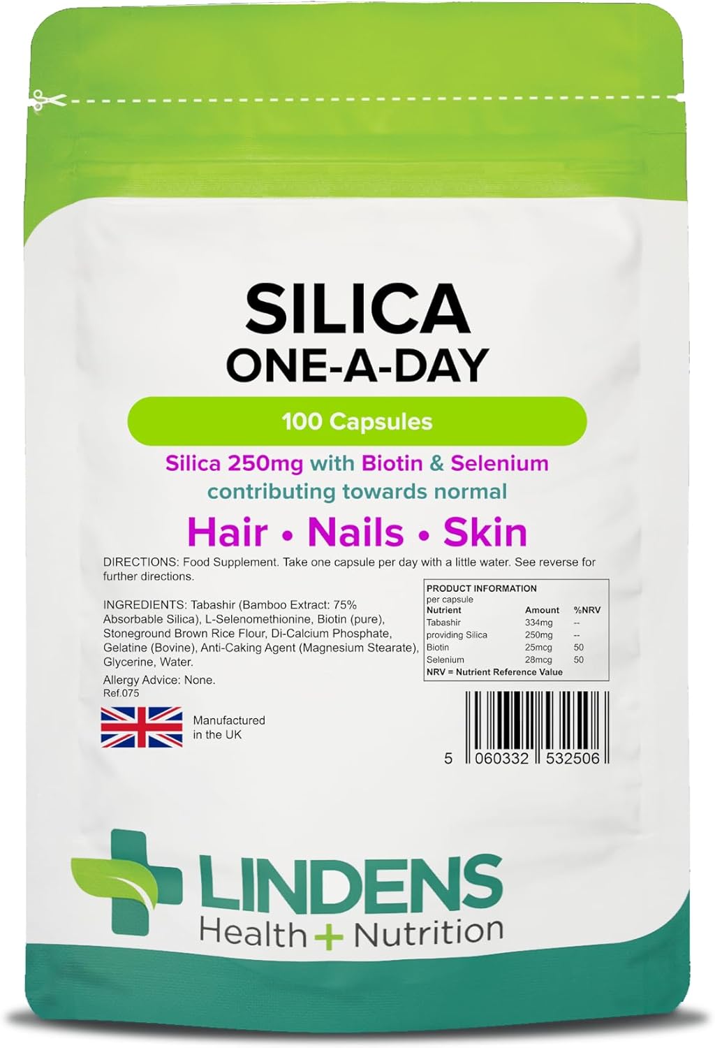 High Strength Silica Supplement for Hair and Nails - 250mg; 100 Capsules - Boost Strength and Shine - 1 Daily dose by Lindens