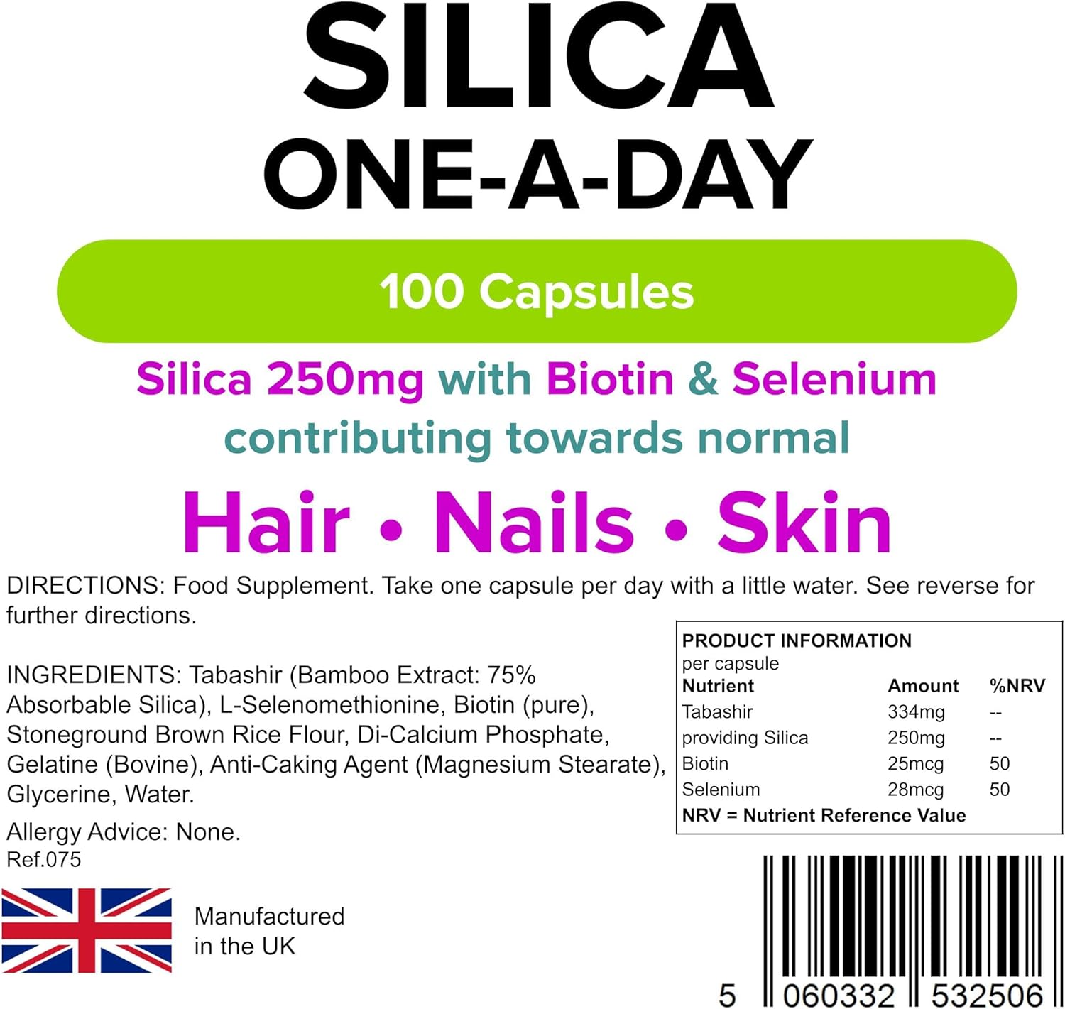 High Strength Silica Supplement for Hair and Nails - 250mg; 100 Capsules - Boost Strength and Shine - 1 Daily dose by Lindens