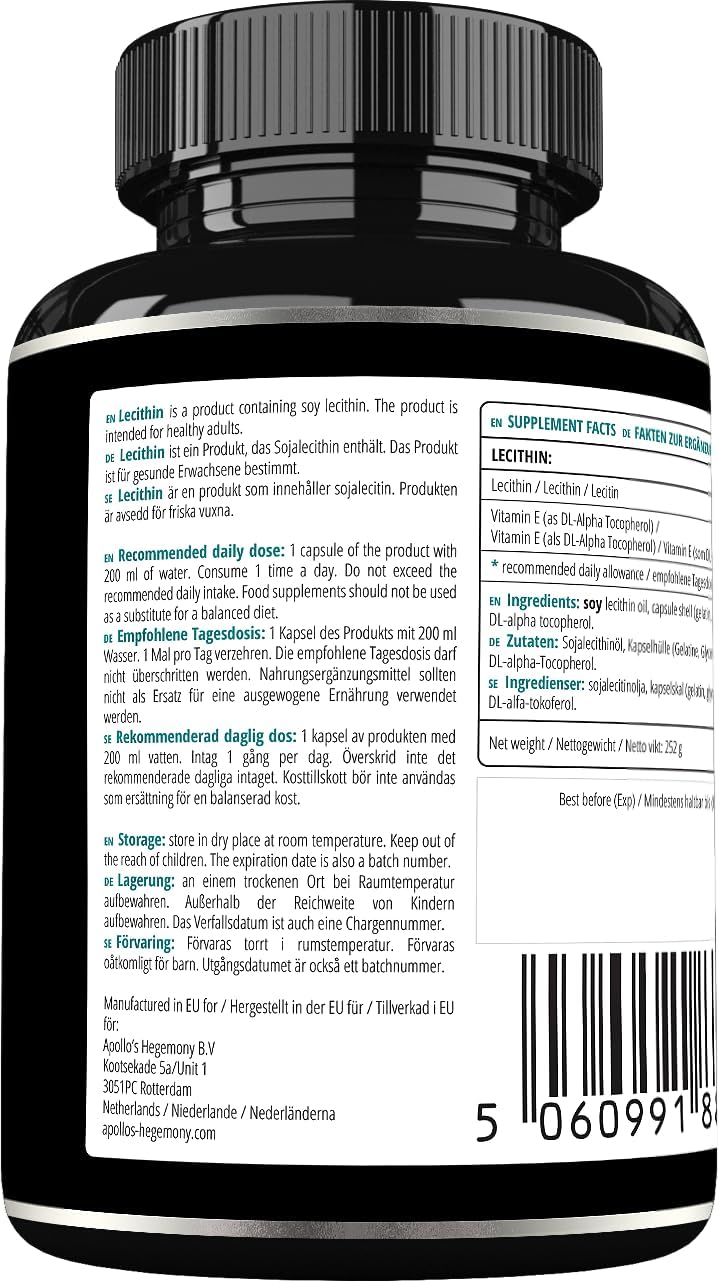 High Strength Soy Lecithin Supplement with Vitamin E - 180 Softgel Capsules - Supports Cognitive and Cardio Health - 6 Months Supply