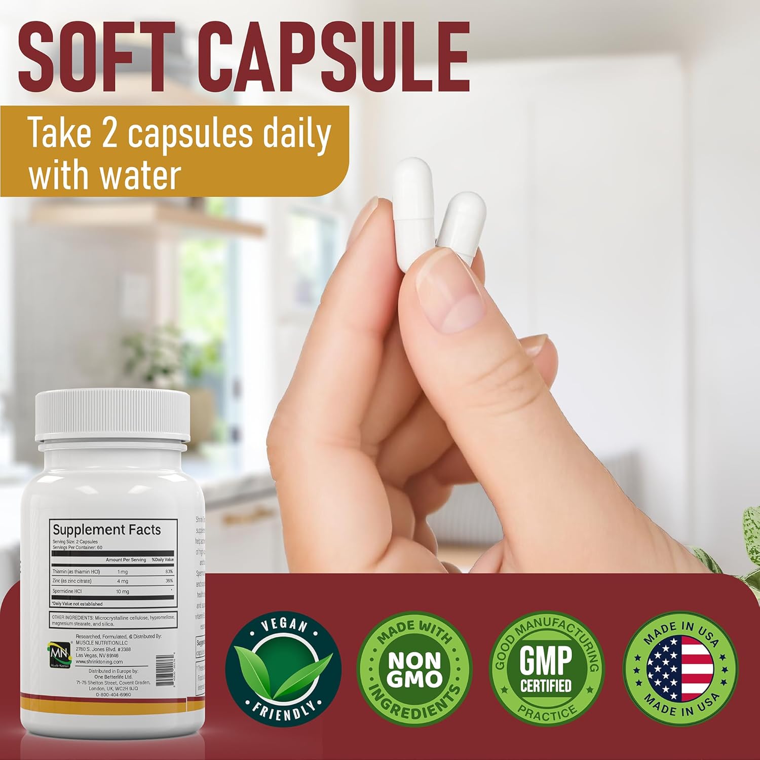 High Strength Spermidine Supplements for Men & Women - 120 Vegan Capsules | Anti-Aging & Wellness Support with Natural Polyamine, Zinc, Thiamin | Non-GMO & USA Made