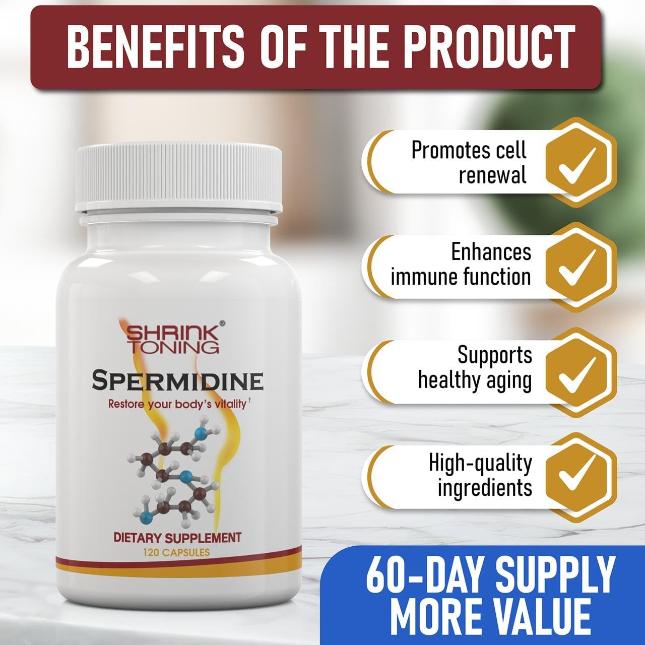 High Strength Spermidine Supplements for Men & Women - 120 Vegan Capsules | Anti-Aging & Wellness Support with Natural Polyamine, Zinc, Thiamin | Non-GMO & USA Made