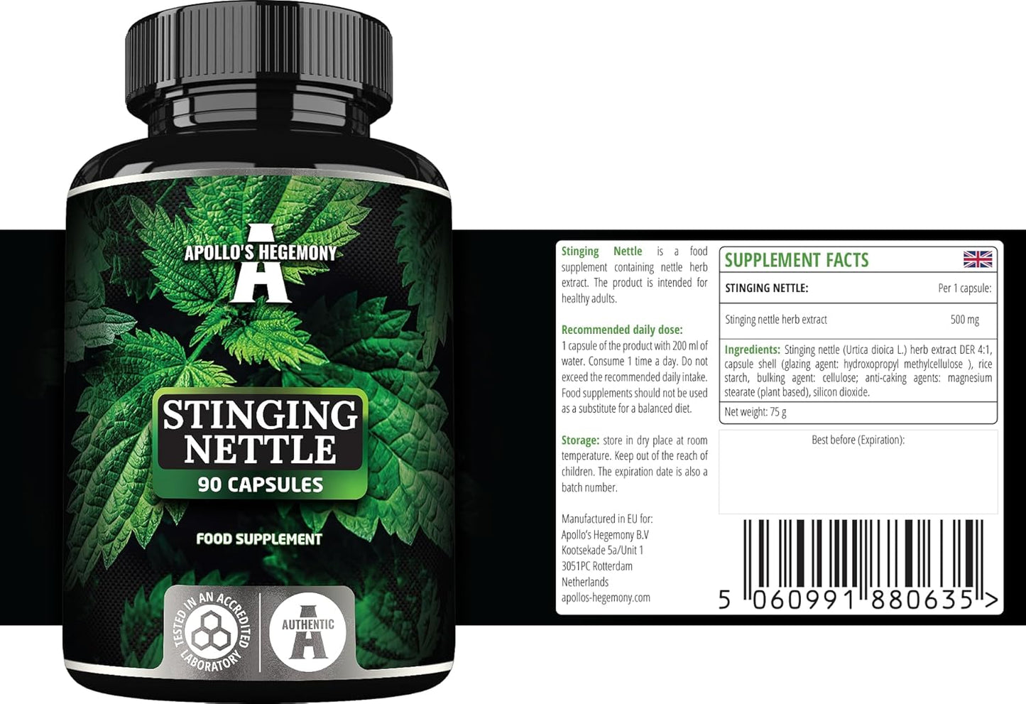 High Strength Stinging Nettle Extract Capsules - 500mg, 90 Vegan Capsules, Cardiovascular Support Supplement