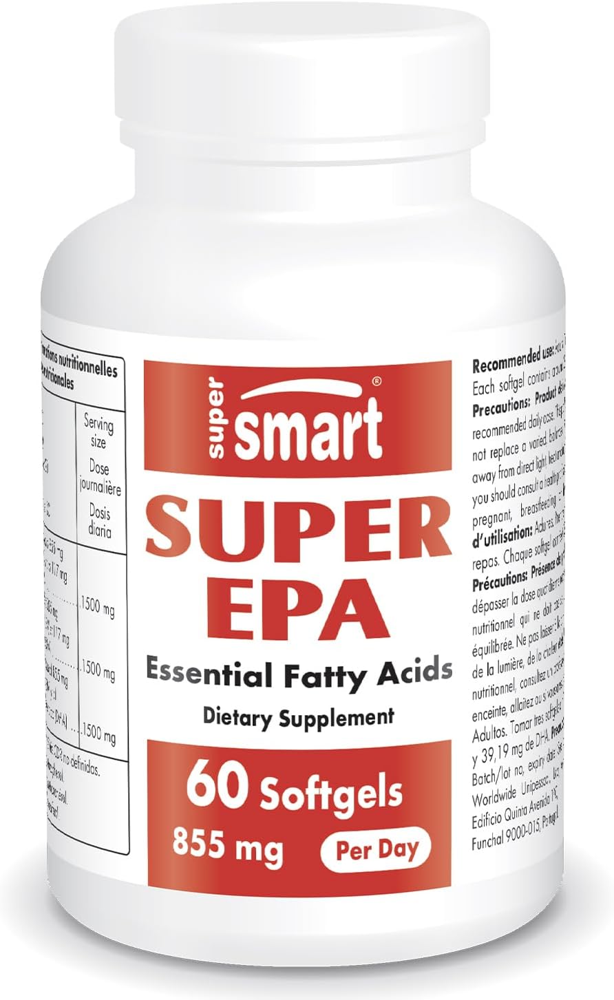 High Strength SuperSmart EPA Fish Oil Supplement - 855mg Daily - Natural Omega 3 Concentrate - EicosaPentaenoic Acid - Non-GMO & Gluten Free - 60 Softgels