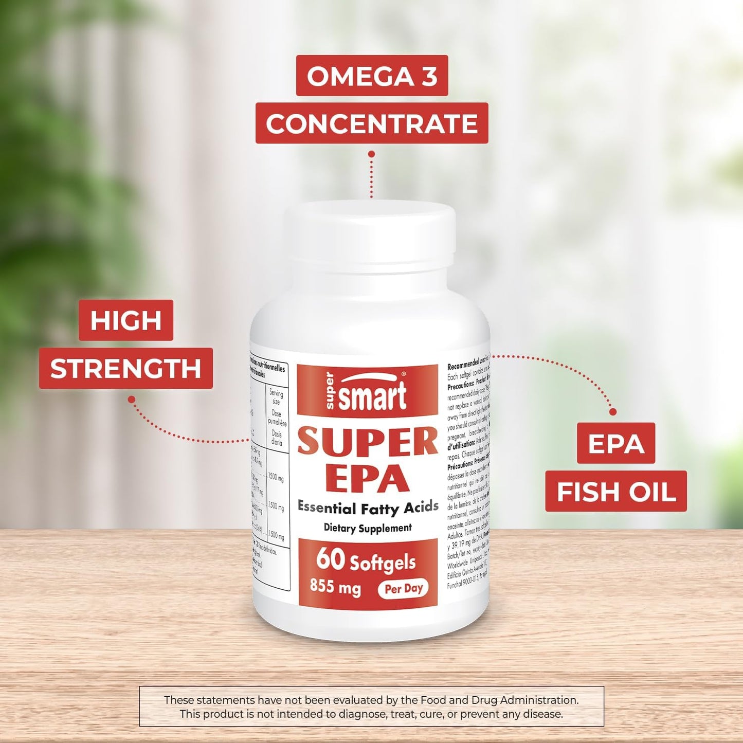 High Strength SuperSmart EPA Fish Oil Supplement - 855mg Daily - Natural Omega 3 Concentrate - EicosaPentaenoic Acid - Non-GMO & Gluten Free - 60 Softgels