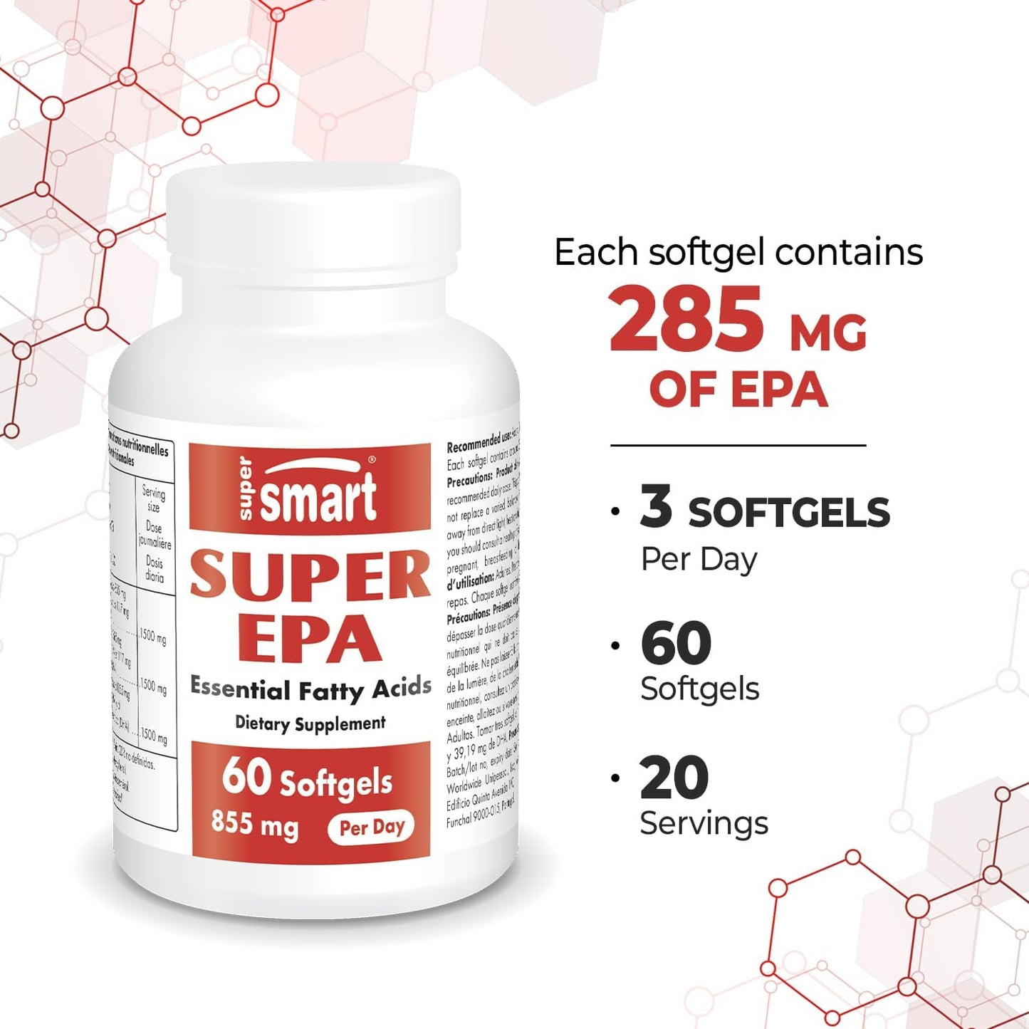 High Strength SuperSmart EPA Fish Oil Supplement - 855mg Daily - Natural Omega 3 Concentrate - EicosaPentaenoic Acid - Non-GMO & Gluten Free - 60 Softgels