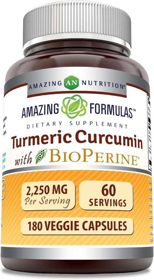 High Strength Turmeric Curcumin with Bioperine | 2250mg per Serving | 180 Veggie Capsules | Non-GMO & Gluten-Free | Made in USA