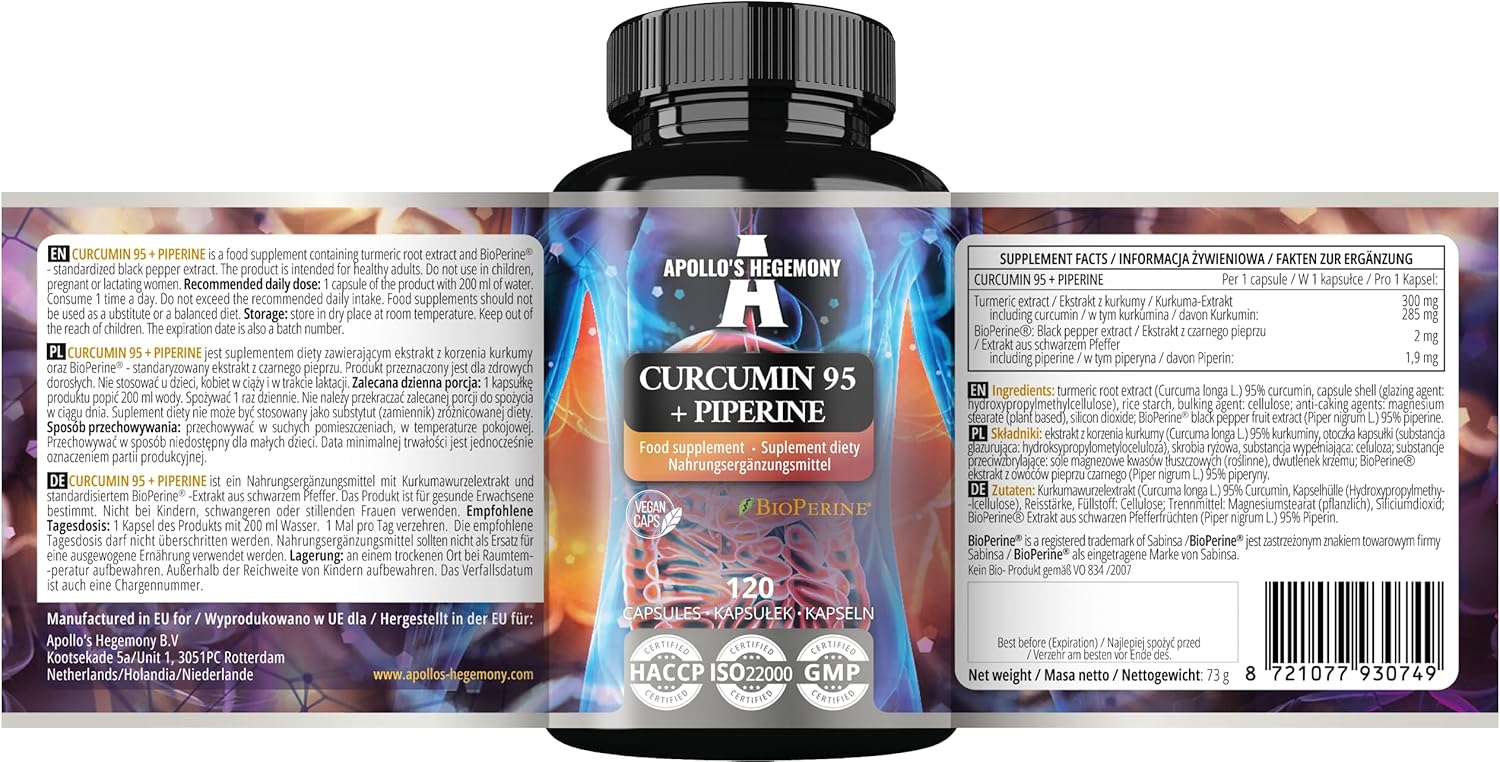 High Strength Turmeric Root Extract Capsules with Piperine for Enhanced Absorption - 302mg Curcumin, 95% Extract, 120 Vegan Capsules, 4 Months Supply